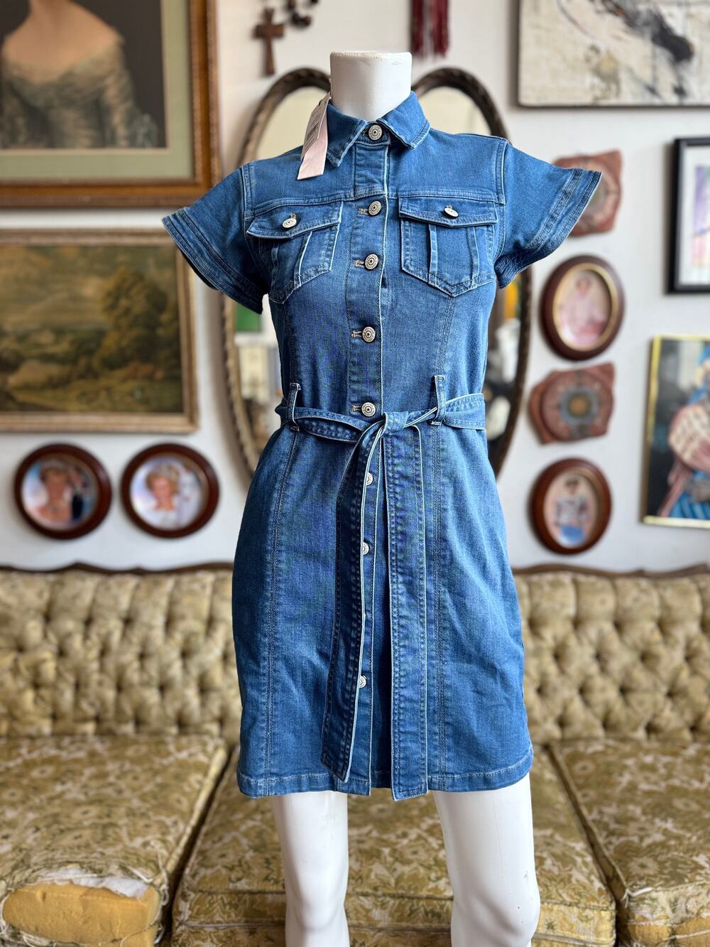 NWT Cinq a Sept Tie Belted Short-Sleeve Denim Mini Dress Size XS